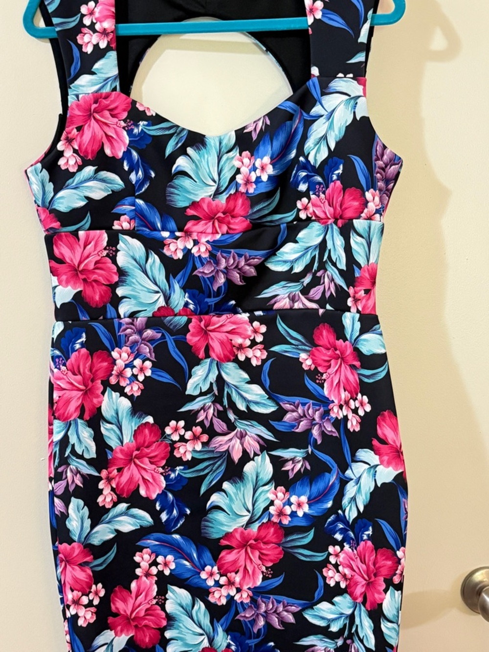 VENUS Black Floral Sheath Dress with Pink & Blue Blooms